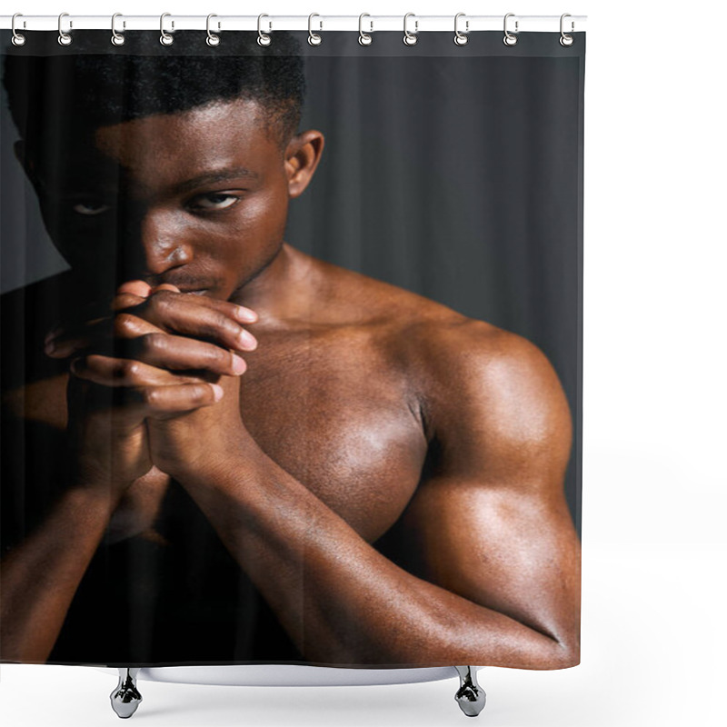 Personality  A Young, Handsome African American Man Poses Topless With Clasped Hands, Showcasing His Strong Physique. His Intense Gaze And Thoughtful Expression Create An Atmosphere Of Contemplation And Strength. Shower Curtains