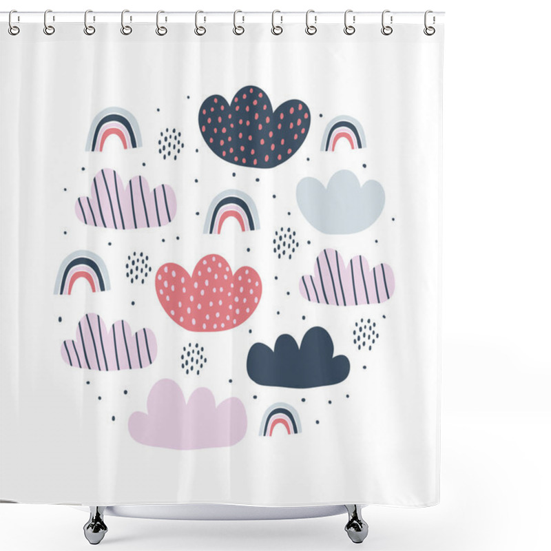 Personality  Kids Circle Illustration With Clouds Rainbow Shower Curtains