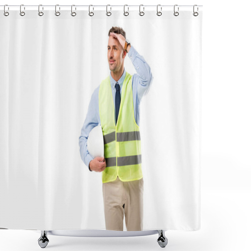 Personality  Handsome Engineer In Safety Vest Holding Helmet And Touching Forehead Isolated On White Shower Curtains