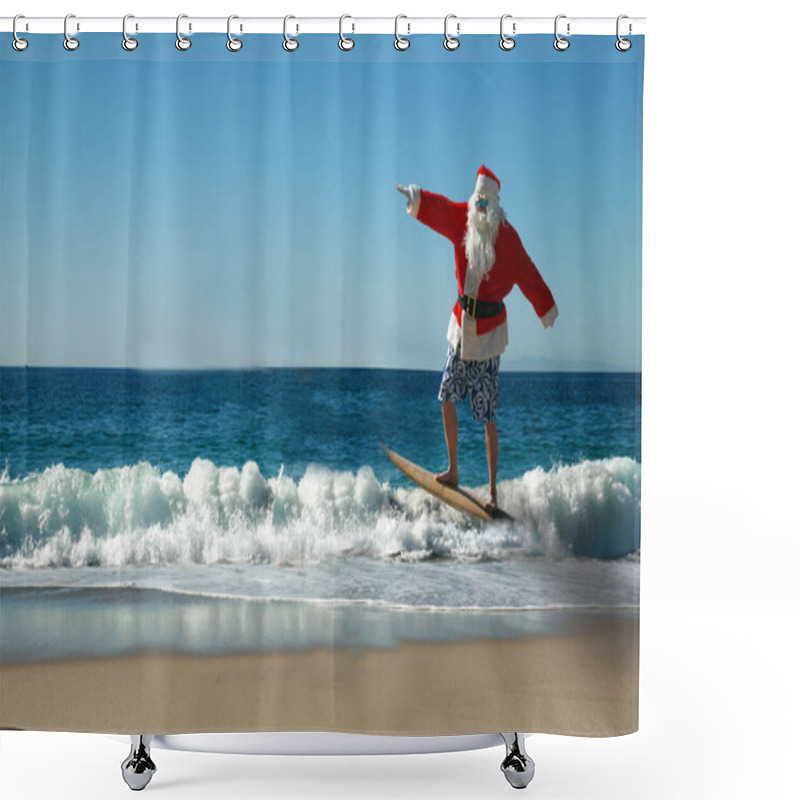 Personality  Santa Claus Surfing In The Ocean. Santa Claus Surfs The Waves While On Vacation At The Beach After Christmas. Santa Loves The Ocean And To Hang Ten On His Surfboard.  Shower Curtains