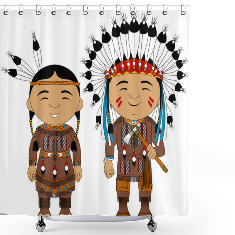 Personality  Man And Woman In Traditional American Indian Costumes, Vecto Shower Curtains