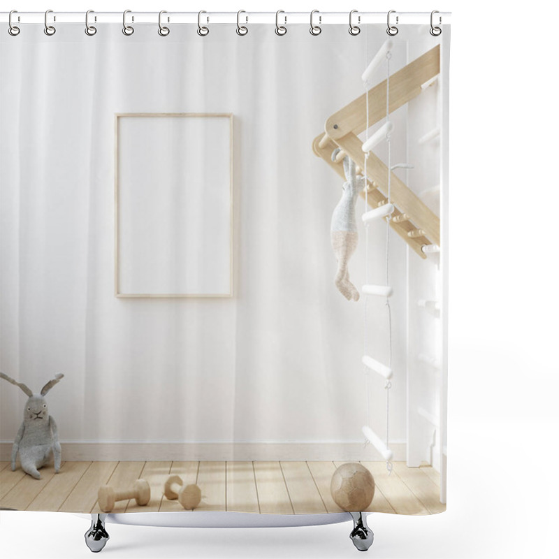 Personality  Mock Up Frame In Children Room With Natural Wooden Furniture, Scandinavian Style Interior Background, 3D Render Shower Curtains