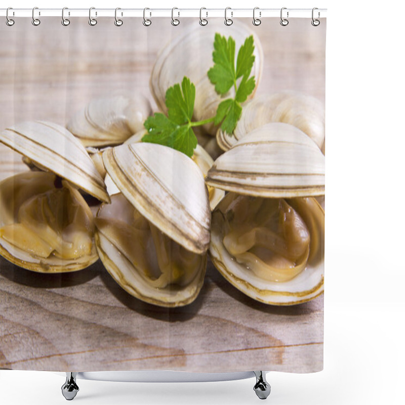 Personality  Seafood, Clams On Wooden Background Shower Curtains