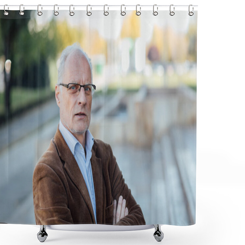 Personality  Adult Person With Gray Hair Elegant Dressed Outside Shower Curtains