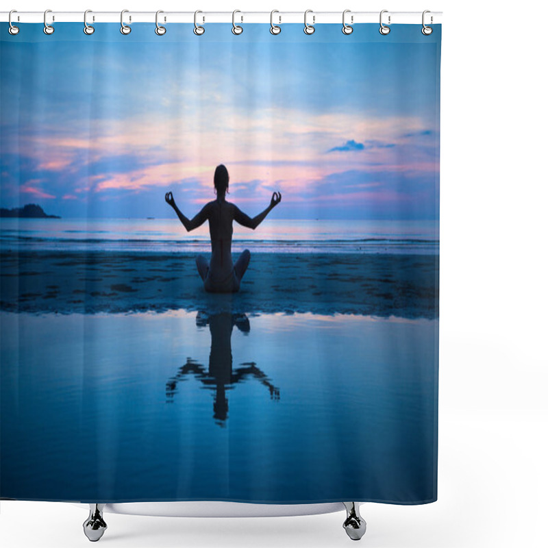 Personality  Woman Practicing Yoga On The Beach Shower Curtains