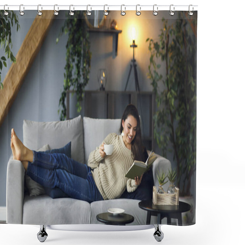 Personality  Young Happy Brunette Woman With Book Wearing Sweater  Shower Curtains