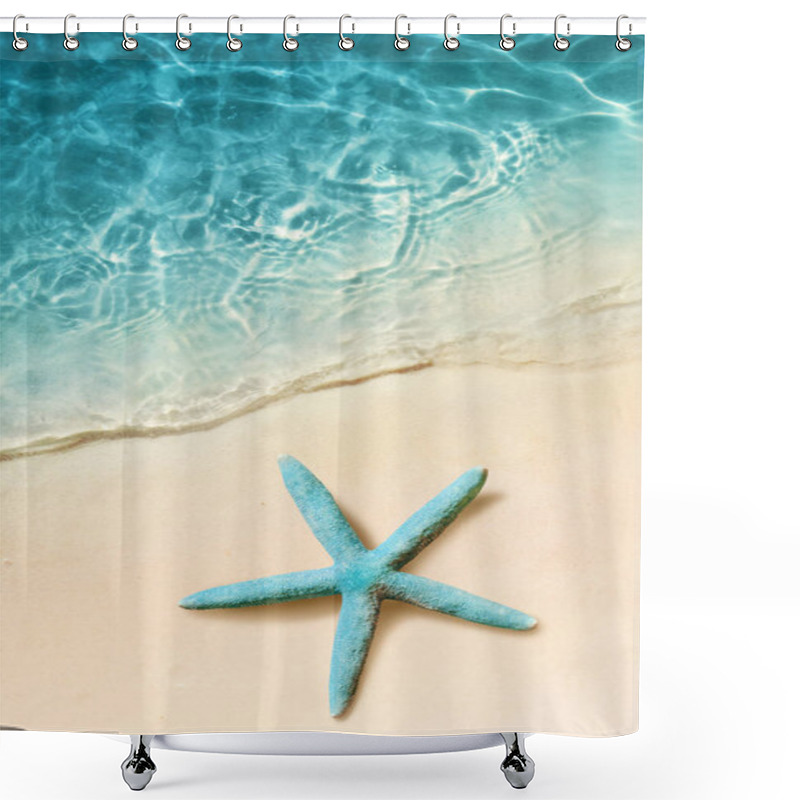 Personality  Starfish On The Sand Beach And Ocean As Background. Summer Beach Shower Curtains