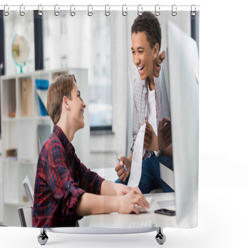 Personality  Multicultural Teenagers Studying In Class Shower Curtains