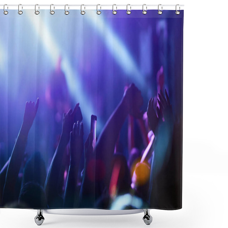 Personality  Audience With Hands Raised At A Music Festival And Lights Streaming Down From Above The Stage. Crowd Raising Their Hands, Dancing And Enjoying Great The Concert. Shower Curtains