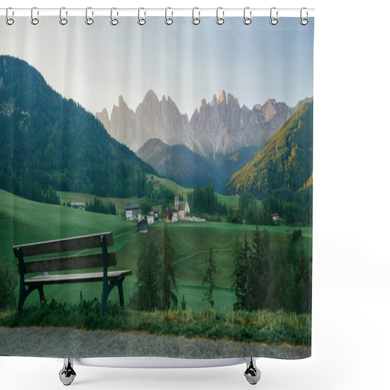 Personality  Saint Magdalena Church In Dolomites. Green Grass On The Hills And Ancient Church Behind Which Mountain. South Tyrol, Dolomites Alps In Italy. A Bench To Look At The Landscape From It Shower Curtains