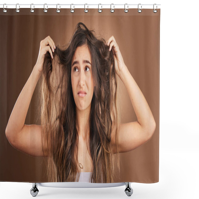 Personality  Problem, Hair Loss And Sad Woman In Studio For Beauty, Messy And Damage Against Brown Background. Haircare, Fail And Unhappy Girl Frustrated With Weak, Split Ends Or Alopecia While Posing Isolated. Shower Curtains