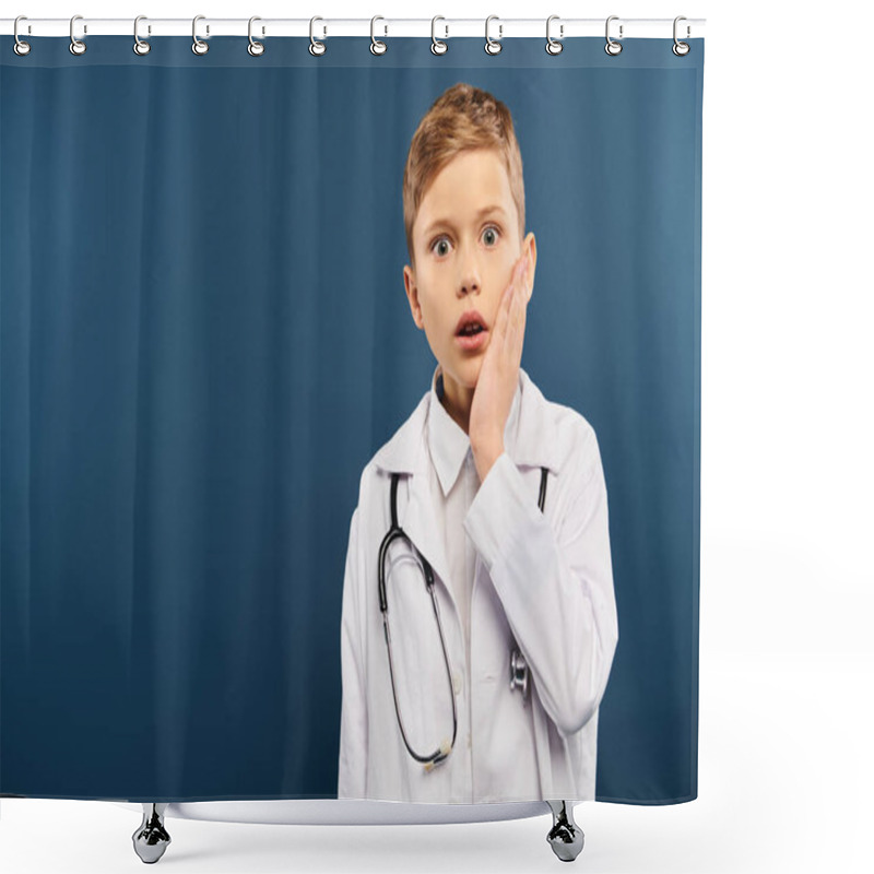 Personality  Young Boy In White Shirt And Stethoscope, Pretending To Be A Doctor On Blue Backdrop. Shower Curtains