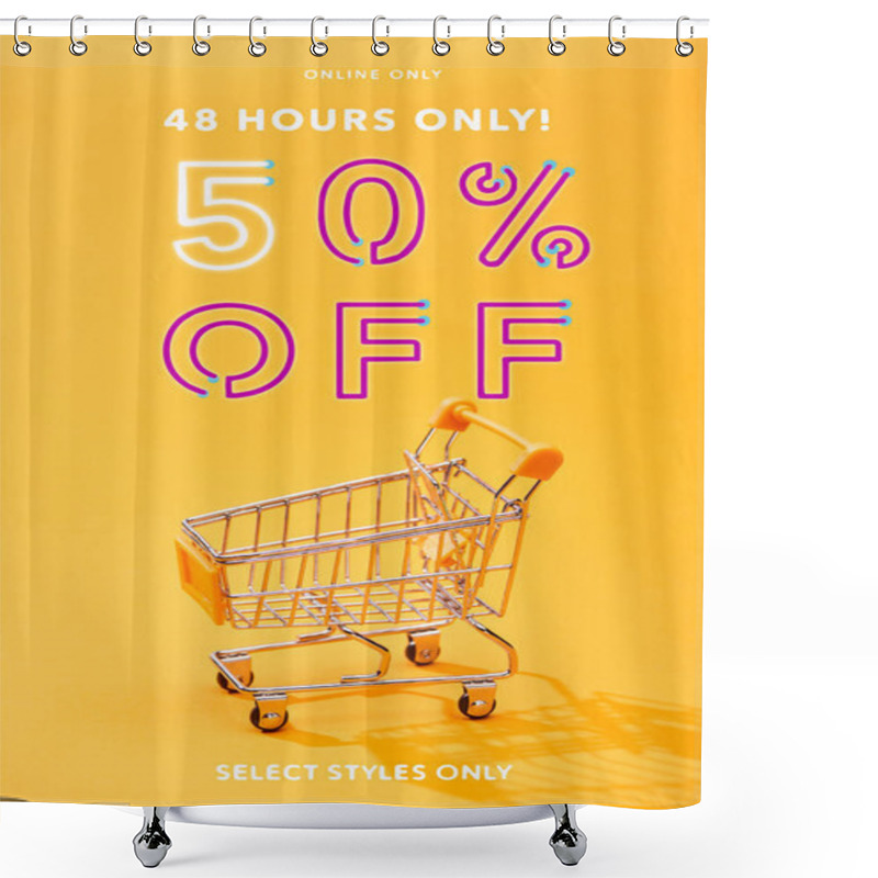 Personality  Empty Small Shopping Cart On Bright Orange Background With 48 Hours Only 50 Percent Off Illustration Shower Curtains