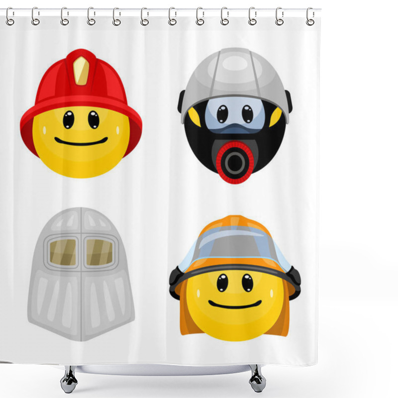 Personality  Vector Set Of Emoticons In Firefighter Clothes. Collection Of Face Icons Wearing Fireman Helmets And Masks In Cartoon Style On White Background. Shower Curtains