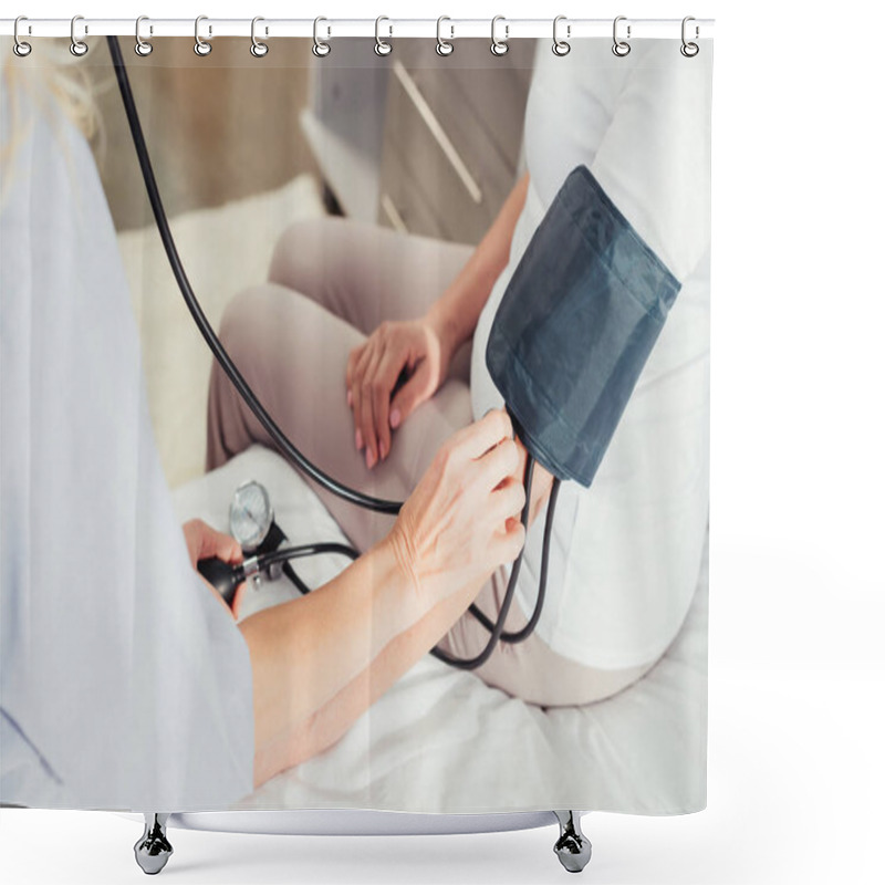 Personality  Nurse Measuring Blood Pressure To Patient Shower Curtains