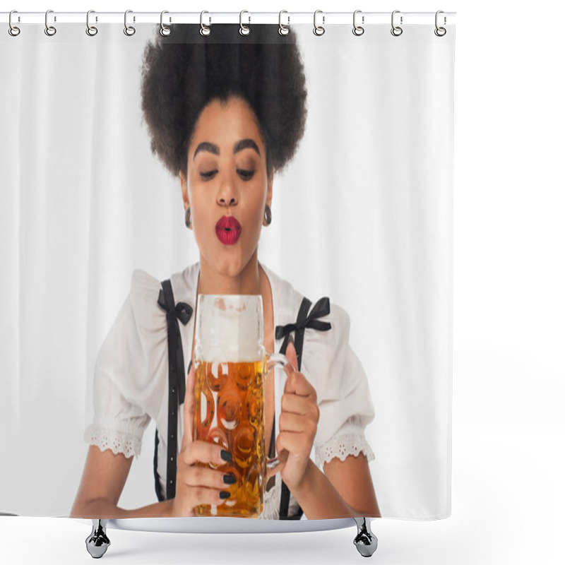 Personality  African American Bavarian Waitress In Oktoberfest Costume Blowing Off Beer Foam In Mug On White Shower Curtains