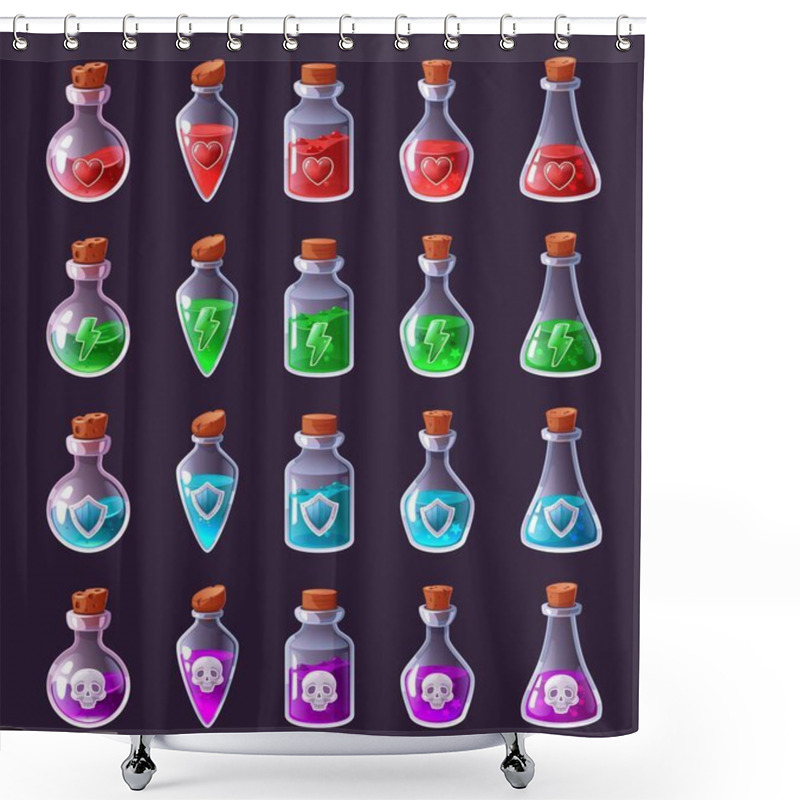 Personality  Cartoon Potion Bottles. Magical Elixir Vials With Life Heart, Power Lightning, Defense Shield And Skull Icons Isolated Vector Illustration Set Of Elixir Magic Potion Alchemy Shower Curtains