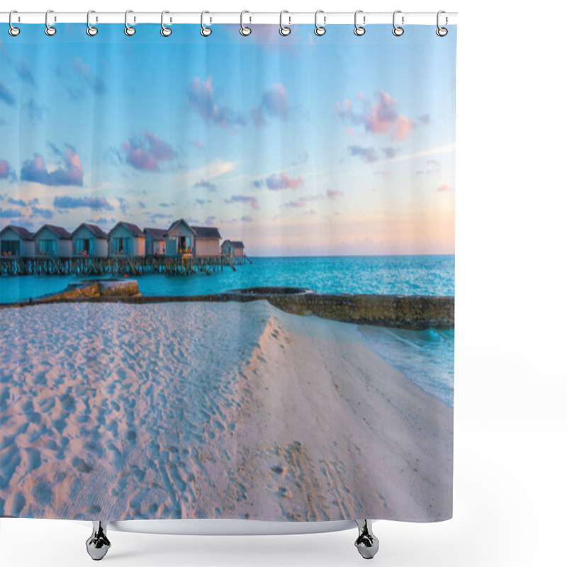 Personality  Beautiful Sunset With  Water Villas  In Tropical Maldives Island Shower Curtains