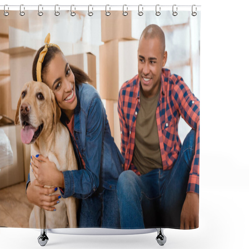 Personality  Happy African American Family With Labrador Dog Moving To New Apartment Shower Curtains