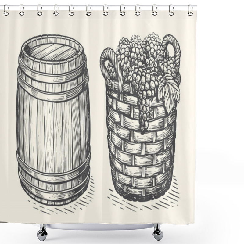 Personality  Basket Full Of Grapes Freshly Picked From Vineyard, Wooden Wine Barrel. Winery Sketch. Vintage Vector Illustration Shower Curtains