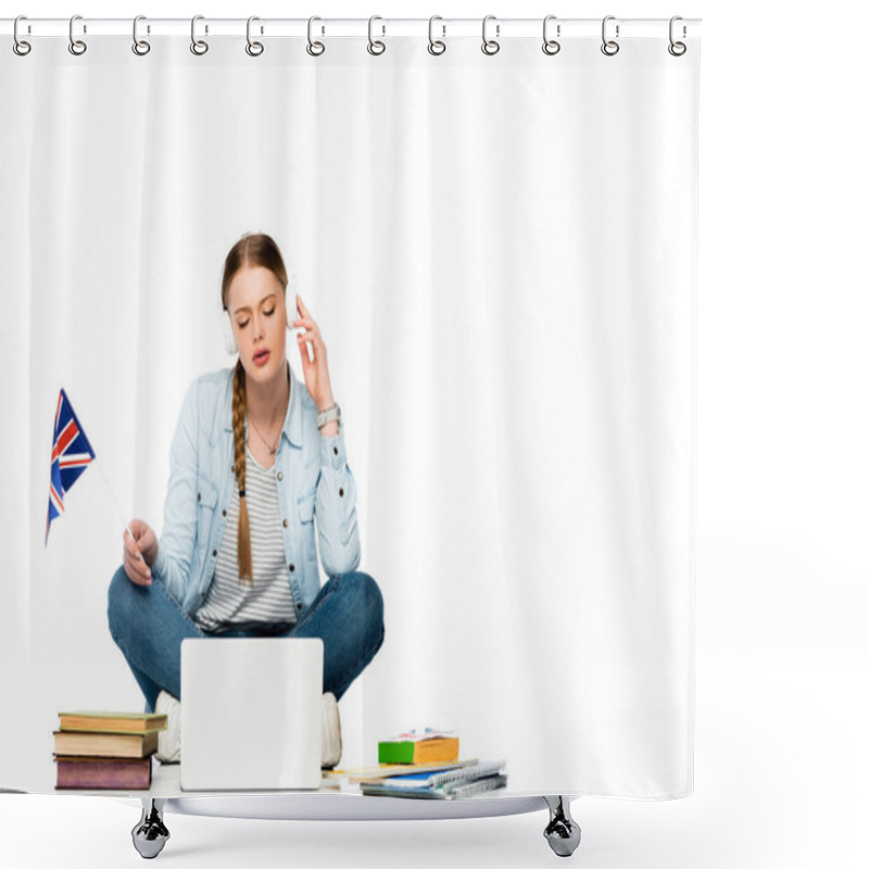 Personality  Girl Sitting On Floor In Headphones Near Laptop, Books And Copybooks, Holding Uk Flag Isolated On White Shower Curtains