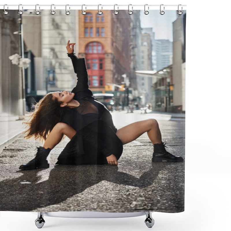 Personality  A Young Woman Dances In The Streets Of New York City. Shower Curtains