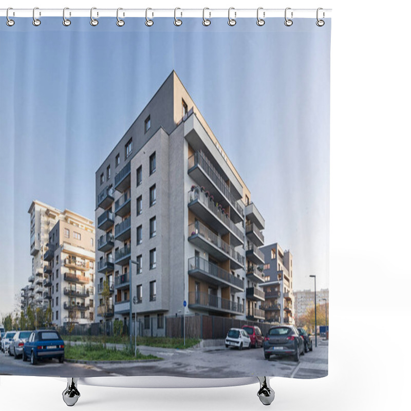 Personality  Residential Buildings In A European City. Modern Blocks Of Flats. Multi-family Building In The Center Of The City. A Large Number Of Floors. Balconies And Loggias.  Shower Curtains