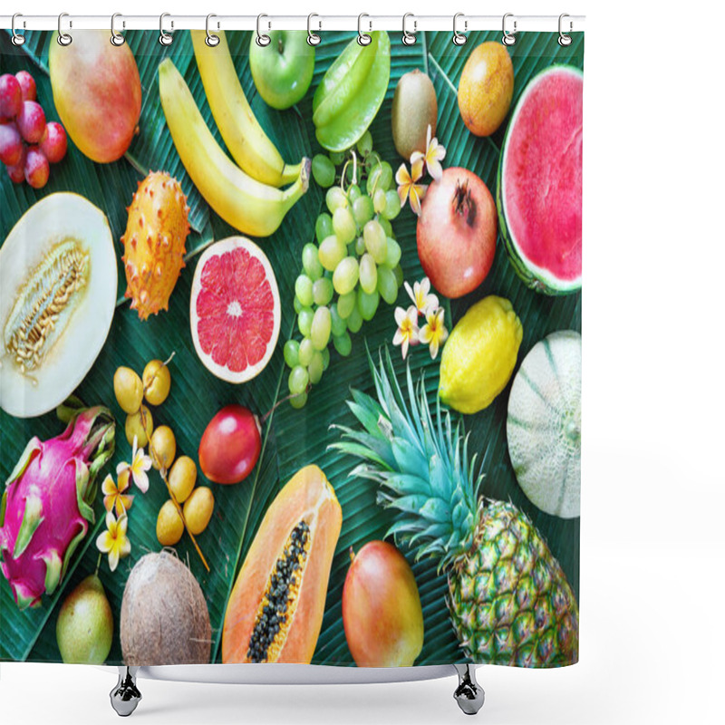 Personality  Assortment Of Tropical Fruits On Leaves Of Palm Trees Shower Curtains