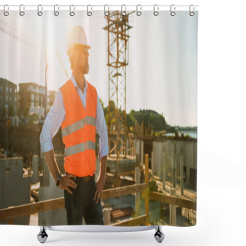 Personality  Confident Bearded Head Civil Engineer-Architect In Sunglasses Stands On A Construction Site On A Sunny Bright Day. Man Is Wearing A Hard Hat, Shirt, Jeans And An Orange Safety Vest.  Shower Curtains