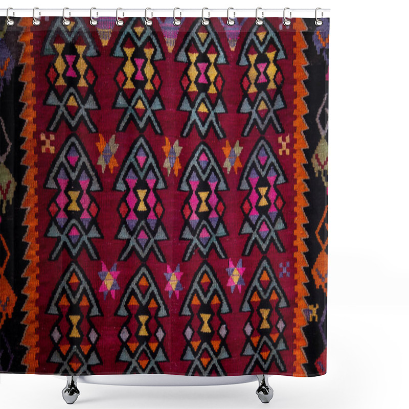 Personality  Traditional Rug With Intricate Geometric Patterns In Red, Orange, Yellow, Pink, And Black. Symmetrical Shapes And Vibrant Colors Create A Rich Tapestry Design, Bordered By Bold, Contrasting Edges. Shower Curtains