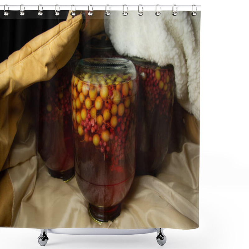 Personality  Large Jars With Gooseberry And Currant Compote Stand Upside Down In A Warm Jacket. Roll The Compote And Share A Fur Coat. Shower Curtains