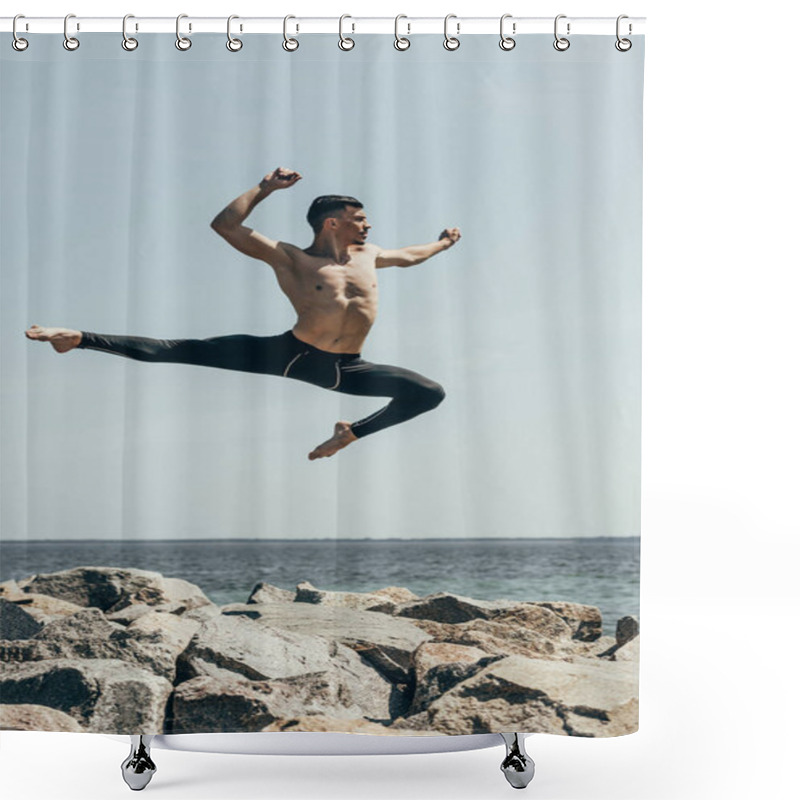 Personality  Athletic Shirtless Dancer Jumping Over Rocky Seashore Shower Curtains