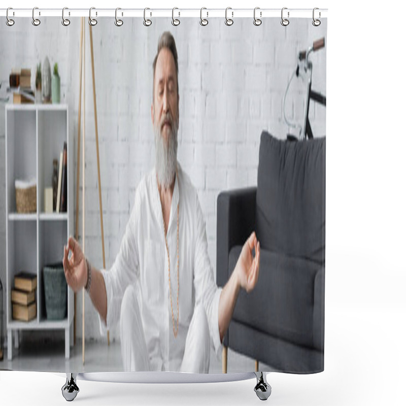 Personality  Bearded Master Guru Showing Chin Mudra While Praying With Closed Eyes, Banner Shower Curtains