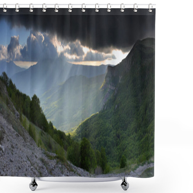 Personality  Sun Rays In Mountains Shower Curtains