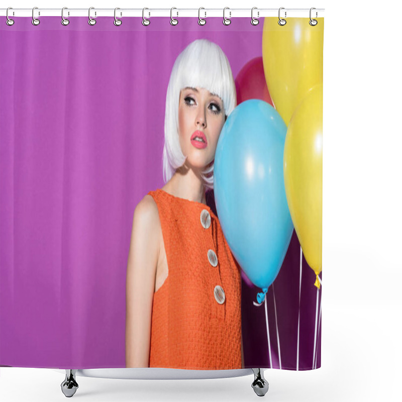 Personality  Gorgeous Girl In White Wig Holding Air Balloons And Looking Away On Purple Background Shower Curtains