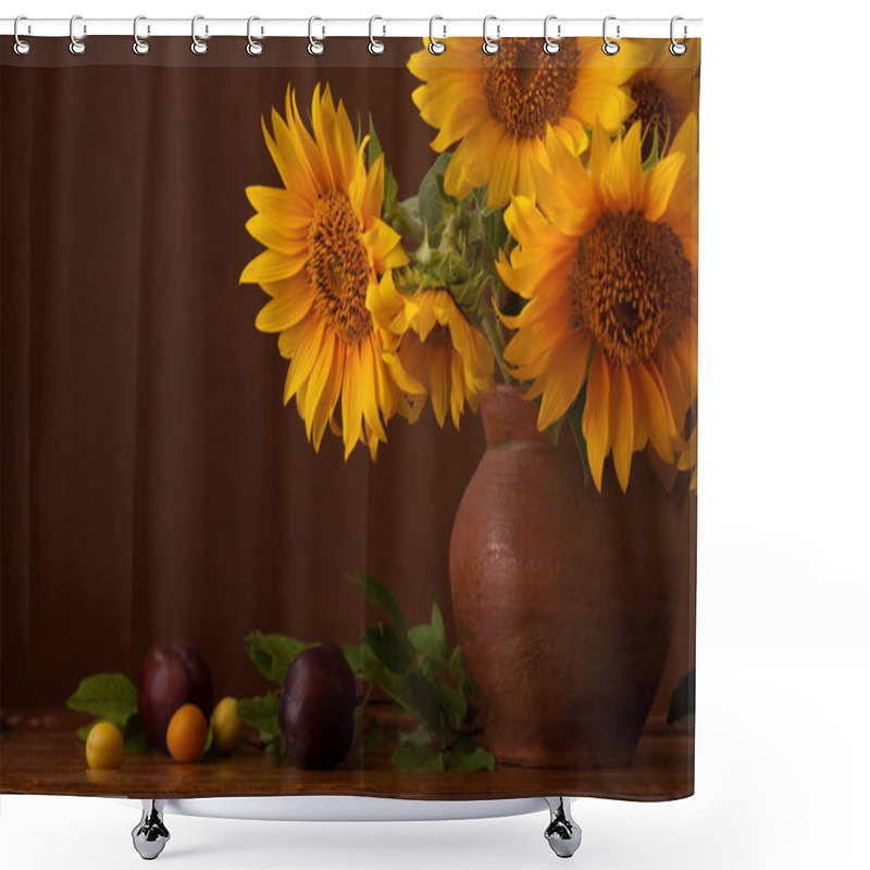 Personality  Bouquet Of Sunflowers And Ripe Cherry Plums Shower Curtains