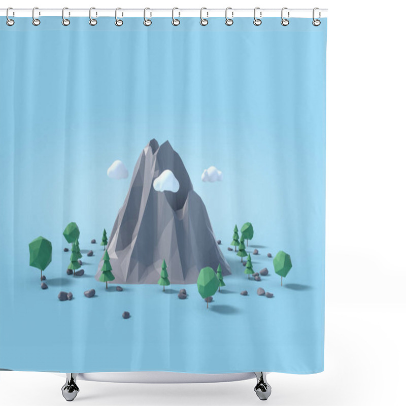 Personality  Low Poly Land Scene With Popup Trees And Rocks. Shower Curtains