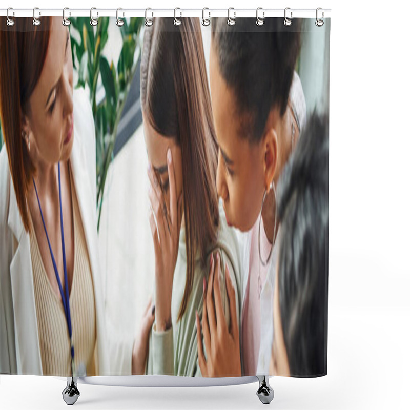 Personality  Young Depressed Woman Obscuring Face And Crying Near Motivation Coach And Multiethnic Friends During Psychology Session In Consulting Room, Problem-solving And Mutual Support Concept, Banner Shower Curtains