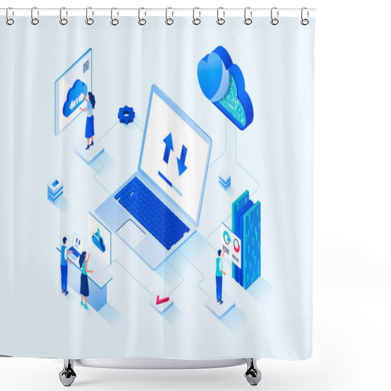 Personality  Cloud Computing 3d Isometric Web Design. People Transfer Data, Share Security Access To Online Storage For Other Users, Use Hosting Services Or Work With Databases Servers. Vector Web Illustration Shower Curtains