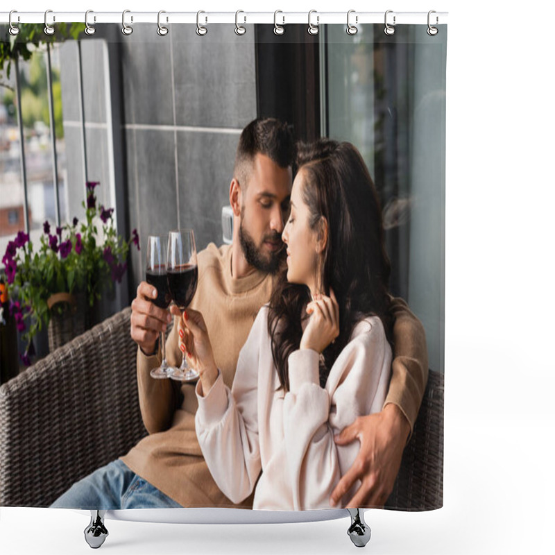 Personality  Handsome Man Hugging Beautiful Woman And Clinking Glasses Of Red Wine Outside  Shower Curtains