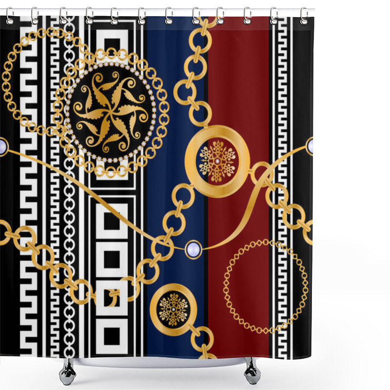 Personality  Seamless Pattern Decorated With Precious Stones, Gold Chains And Pearls. Shower Curtains