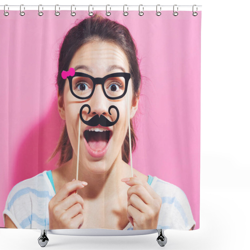 Personality  Young Woman Holding Paper Party Sticks Shower Curtains