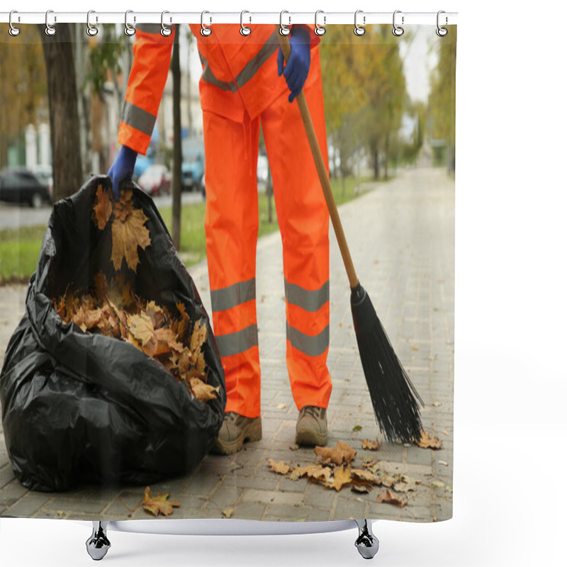 Personality  Worker Cleaning Street From Fallen Leaves On Autumn Day, Closeup Shower Curtains