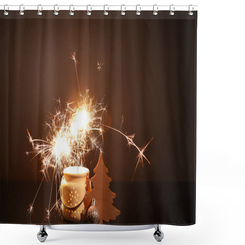 Personality  Burning Sparklers And Christmas Decor On Dark Background Shower Curtains