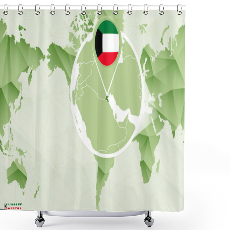 Personality  America Centric World Map With Magnified Kuwait Map. Green Polygonal World Map. Shower Curtains