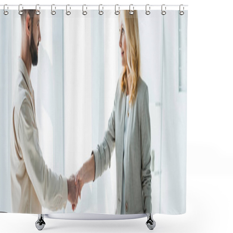 Personality  Panoramic Shot Of Recruiter And Handsome Employee Shaking Hands  Shower Curtains