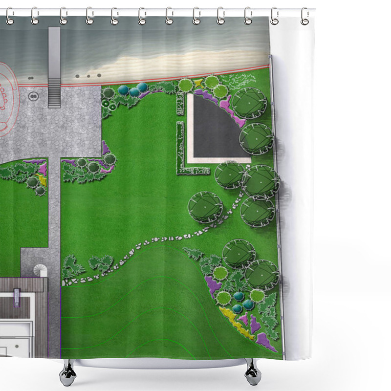 Personality  Entertaining Backyard Aerial View, Rendering Sketch Shower Curtains