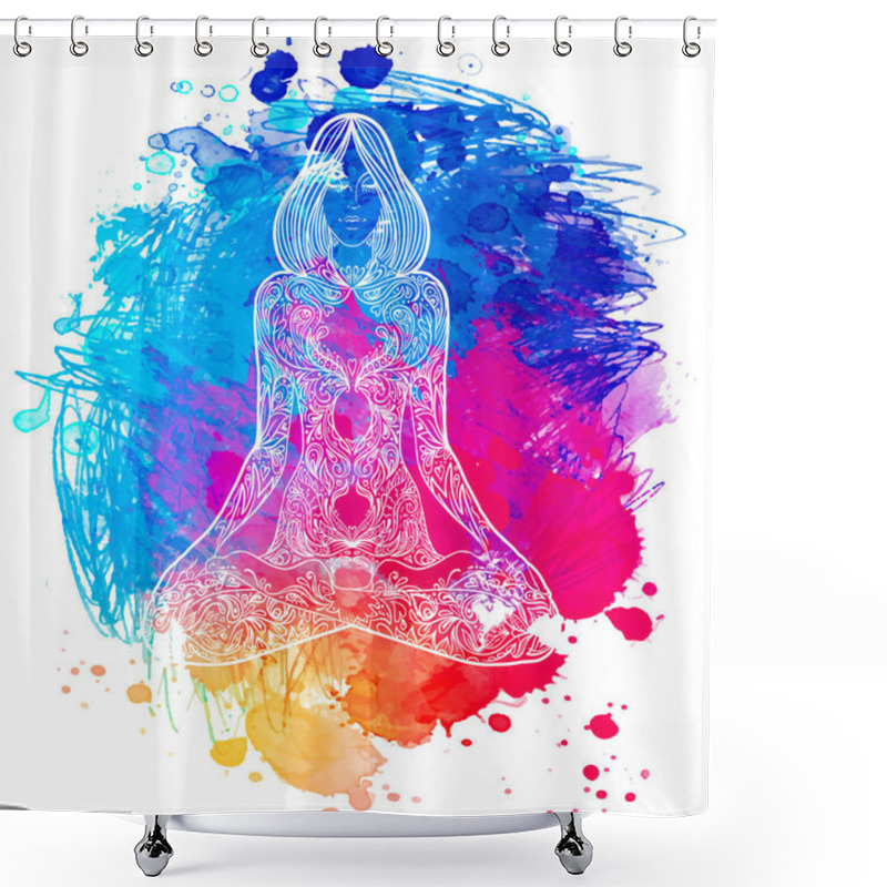 Personality  Woman Ornate Silhouette Sitting In Lotus Pose. Meditation Concept. Vector Illustration. Over Colorful Watercolor Background Shower Curtains