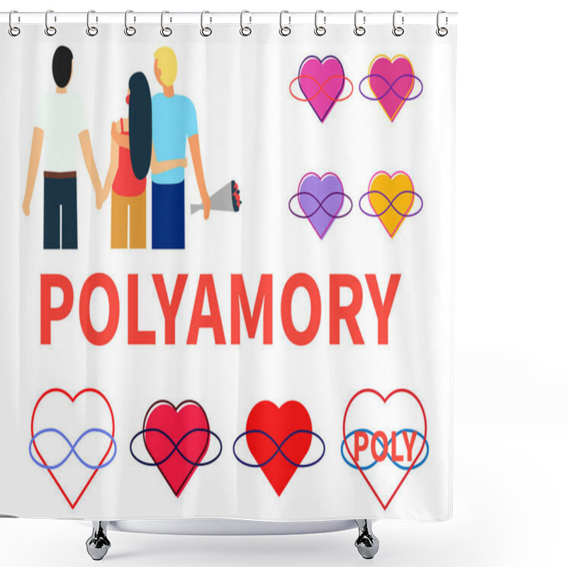 Personality  Seth Polyamory. Two Guys And A Girl Hold Hands And Hug. Several Symbols Of Polyamoria - Hearts And Infinity Sign In Different Circuits. Shower Curtains