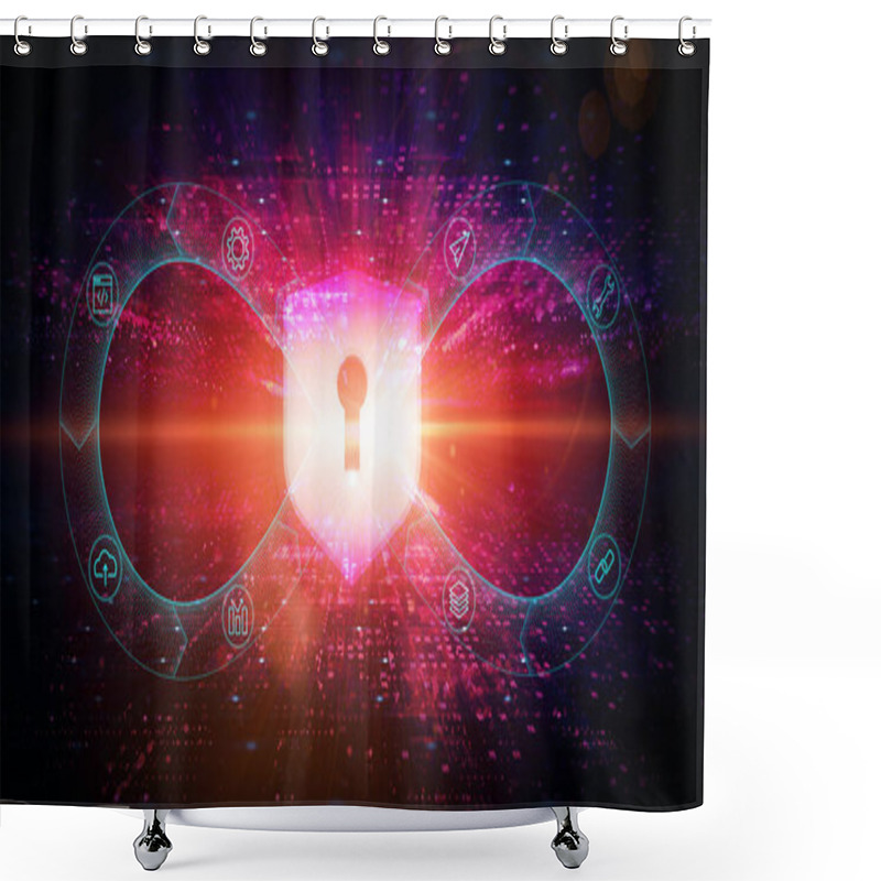 Personality  DevSecOps - Development, Security And Operations - The Seamless Integration Of Security Testing Throughout The Software Development And Operations Lifecycle - Conceptual Illustration Shower Curtains